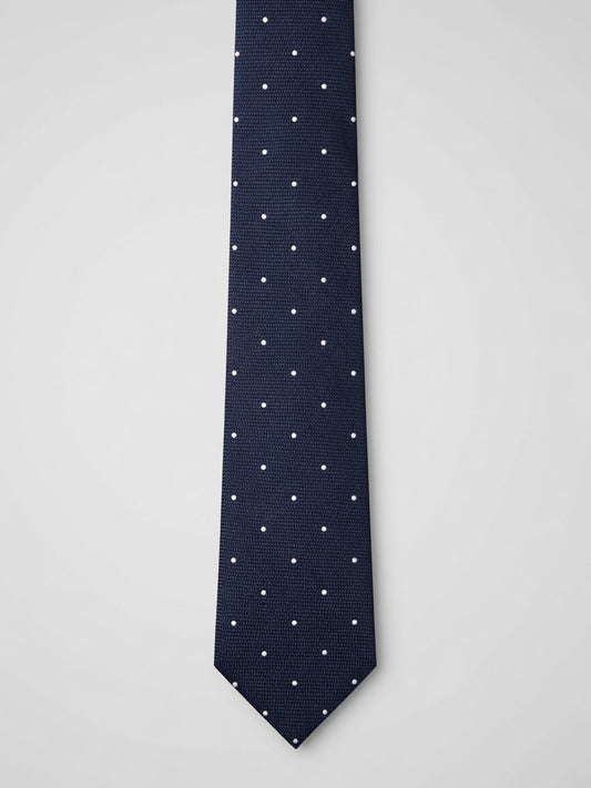 Classic Navy Blue with White Polka Dot Silk Tie