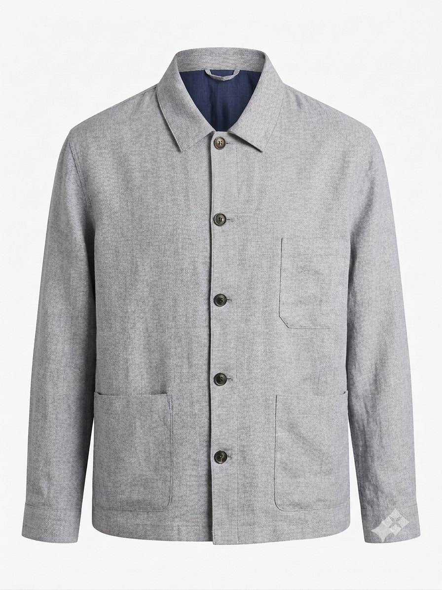 Grey Standard Collar Cotton Linen Blend Jacket