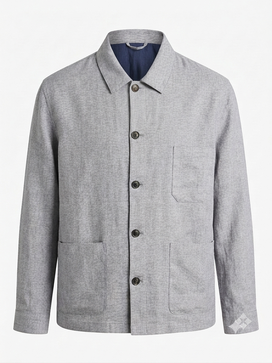 Grey Standard Collar Cotton Linen Blend Jacket