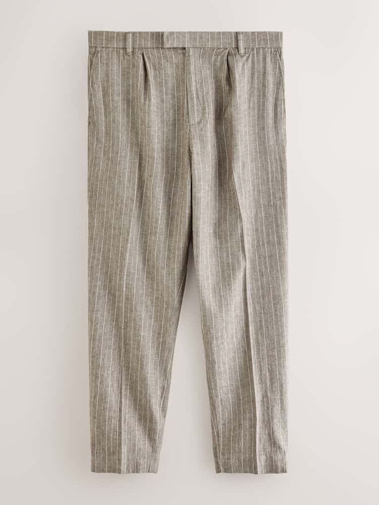 Neutral Regular Fit Linen Blend Stripe Elasticated Back Trousers
