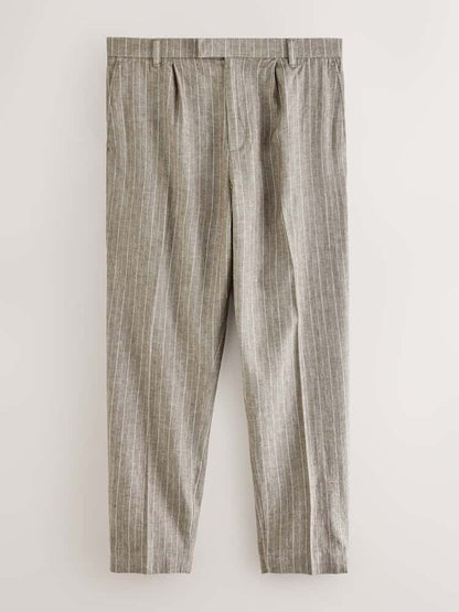 Neutral Regular Fit Linen Blend Stripe Elasticated Back Trousers