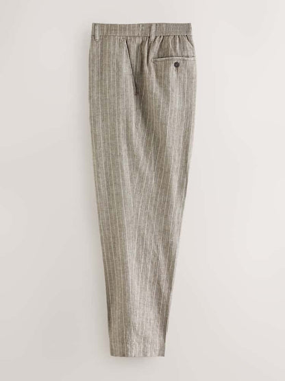 Neutral Regular Fit Linen Blend Stripe Elasticated Back Trousers