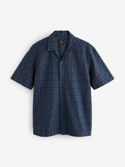 Navy Blue Textured Broderie Short Sleeve Shirt