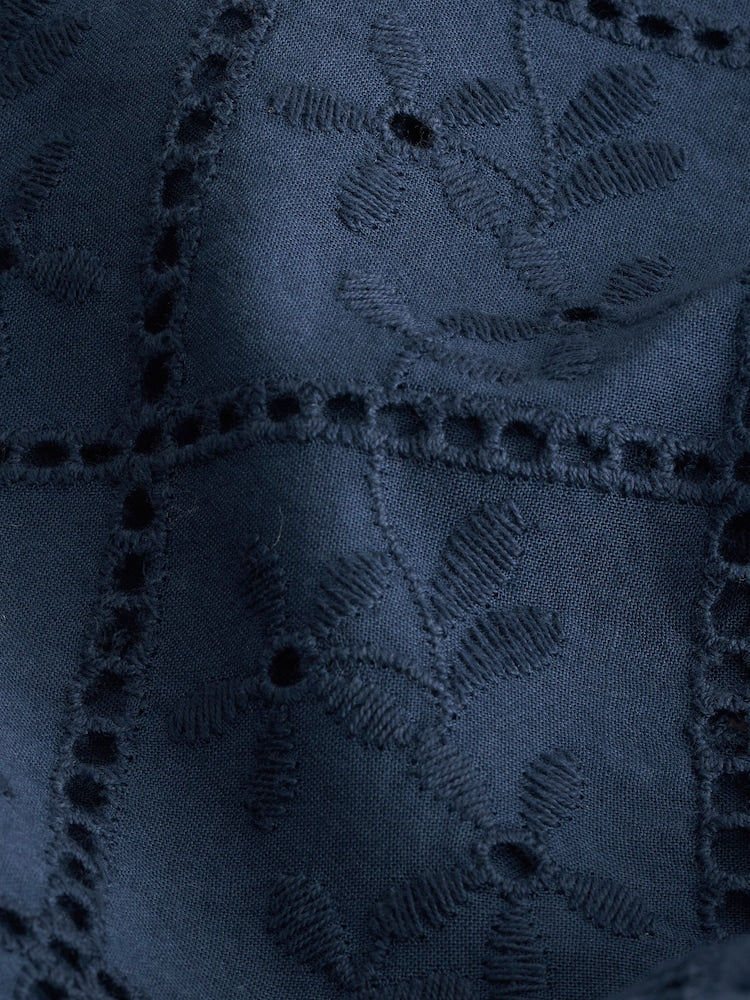 Navy Blue Textured Broderie Short Sleeve Shirt