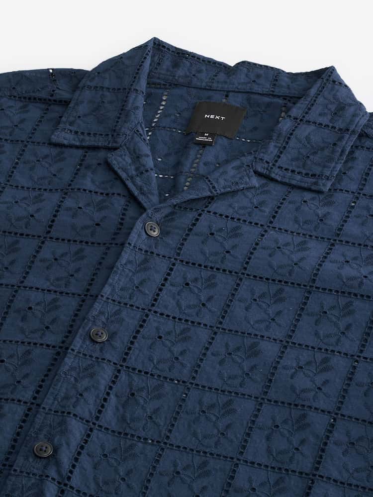 Navy Blue Textured Broderie Short Sleeve Shirt