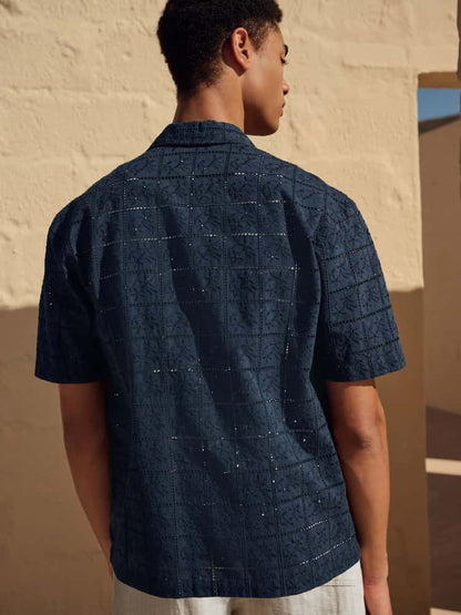 Navy Blue Textured Broderie Short Sleeve Shirt