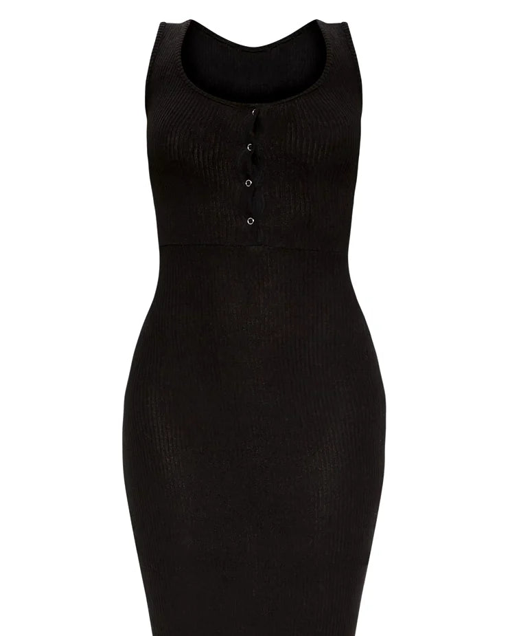 Black Brushed Rib Popper Front Midi Dress