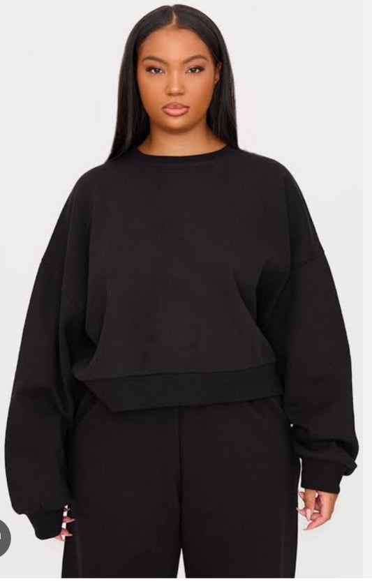 Black Premium Basic Crew Neck Crop Sweater