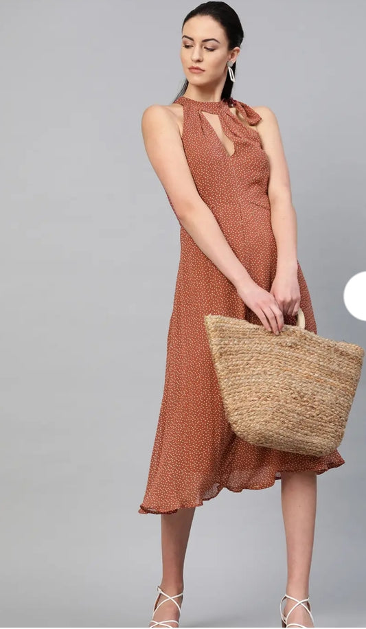 Rust Brown & Off White Polka Dots Print Fit and Flare Dress