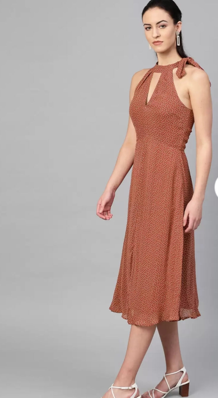 Rust Brown & Off White Polka Dots Print Fit and Flare Dress