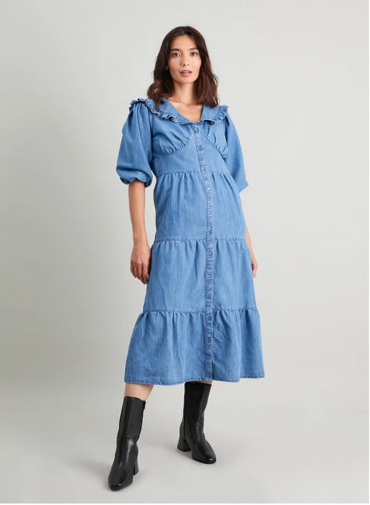 Denim Tiered Midi Button Front Dress