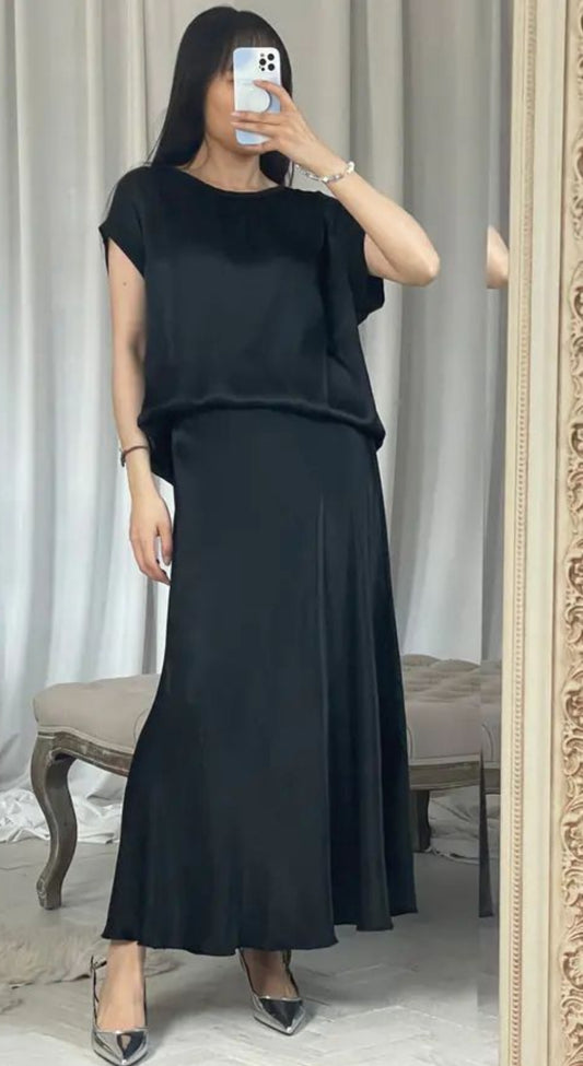 Viscose Matte Satin Midi Skirt In Black