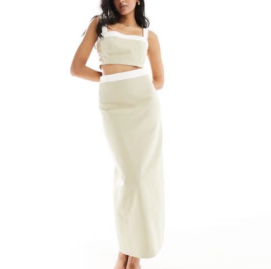 linen contrast maxi skirt in beige