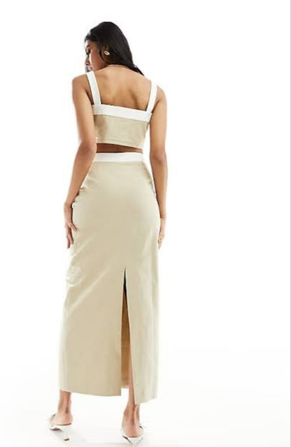 linen contrast maxi skirt in beige