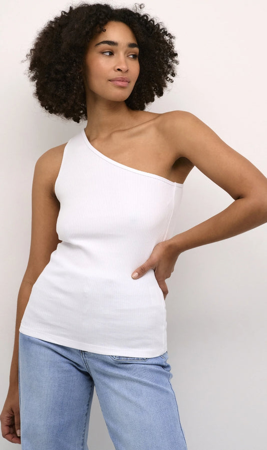 Rib One Shoulder Vest In White