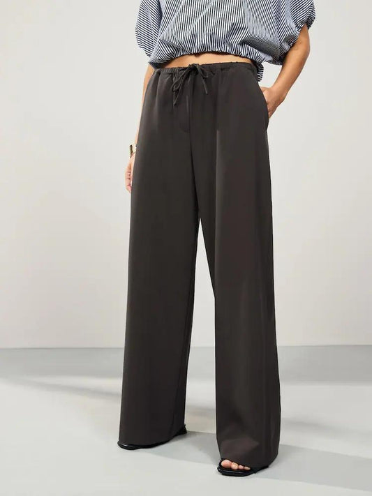 Chocolate Brown Drawstring Waist Tie Front Wide Leg Trousers