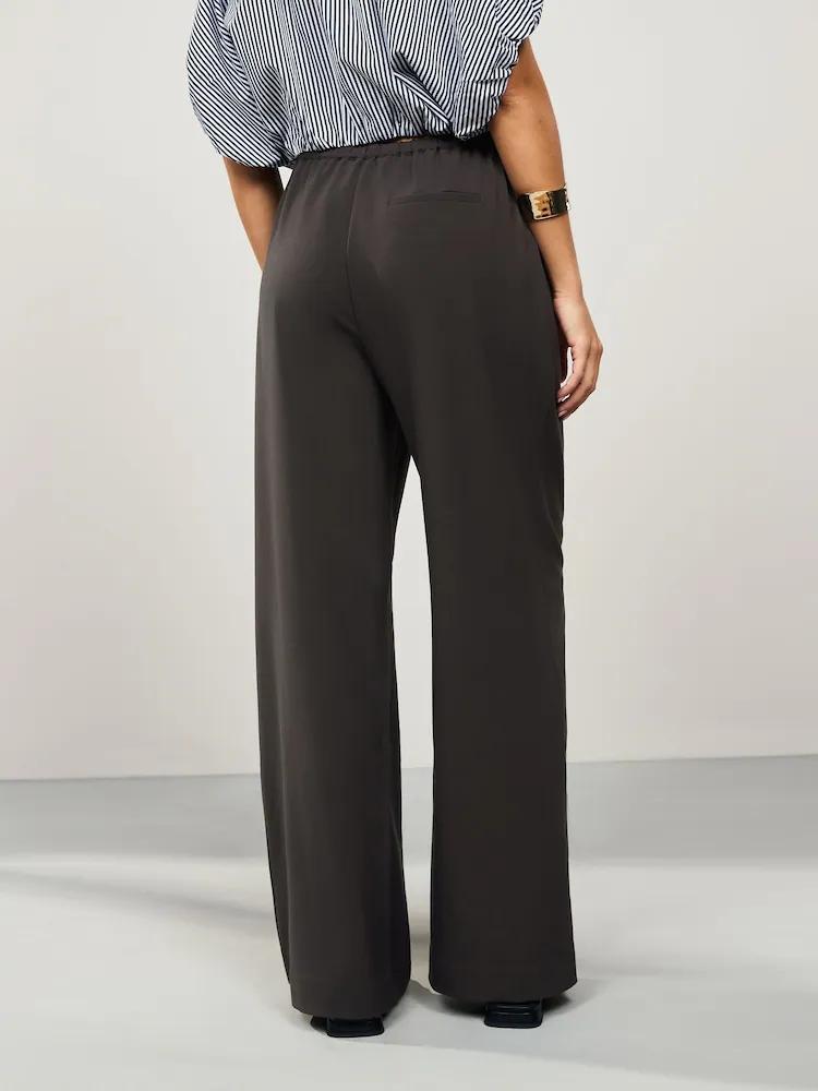 Chocolate Brown Drawstring Waist Tie Front Wide Leg Trousers