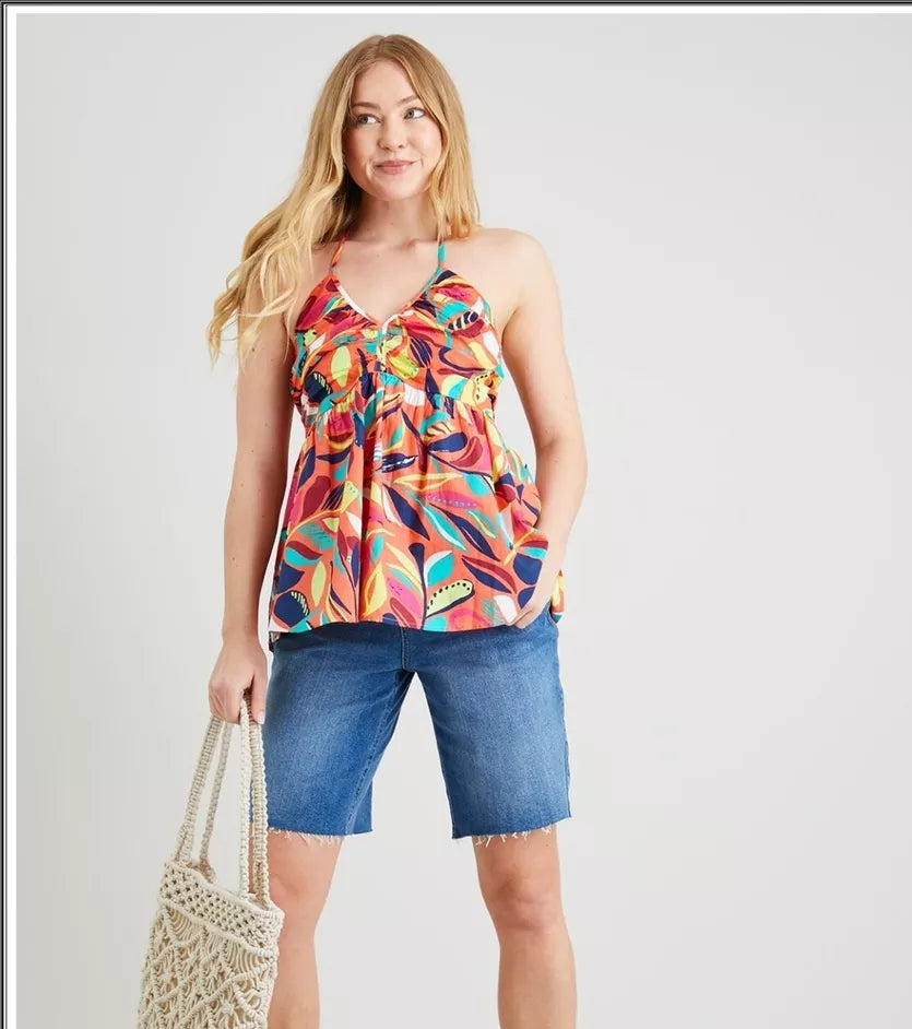 Bright Botanical Prints Halter Neck Cami Top Shirred Back