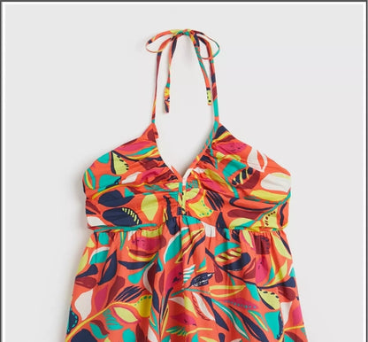 Bright Botanical Prints Halter Neck Cami Top Shirred Back