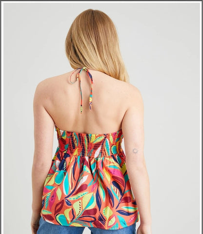 Bright Botanical Prints Halter Neck Cami Top Shirred Back