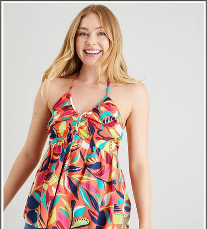 Bright Botanical Prints Halter Neck Cami Top Shirred Back