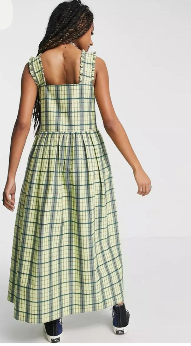 Twill Pinafore Midi Dress in Yellow Check