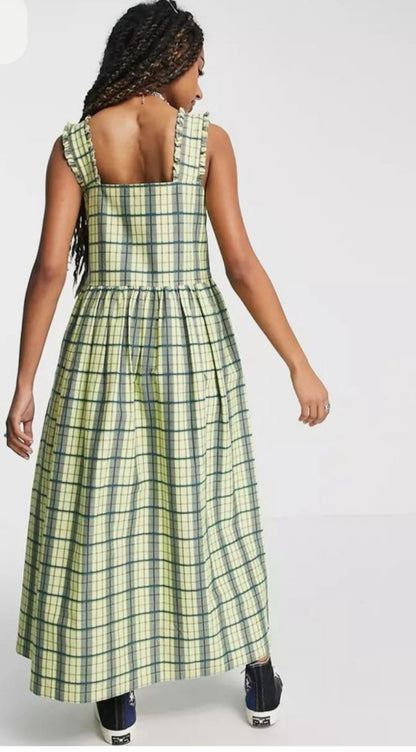 Twill Pinafore Midi Dress in Yellow Check