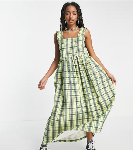 Twill Pinafore Midi Dress in Yellow Check