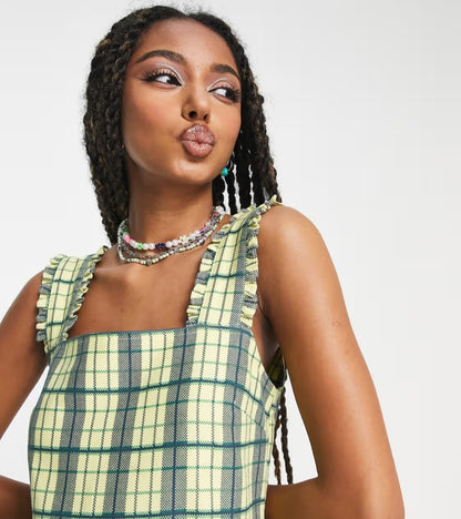 Twill Pinafore Midi Dress in Yellow Check