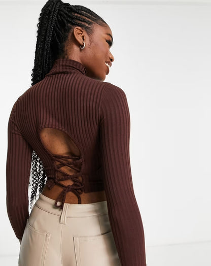 Lace Up Back Rib Funnel Top