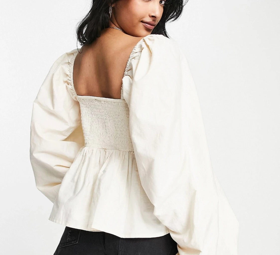 V Neck Crochet Frill Sleeve Peplum Top