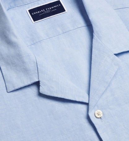 Short Sleeve Revere Pure Linen Slim Shirt - Sky Blue