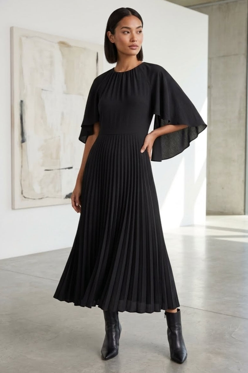 Pleated Cape Maxi Dress Black