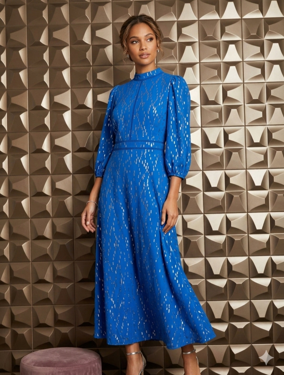 Blue And Gold Foil Detailing Dress