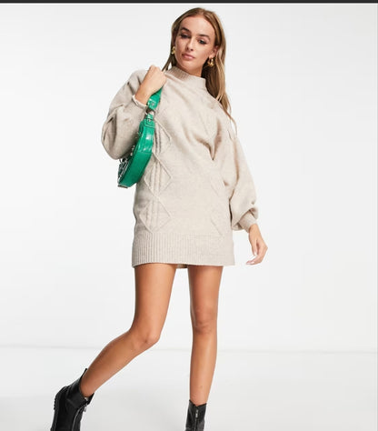 Oversized Knitted Sweater Dress In Cream