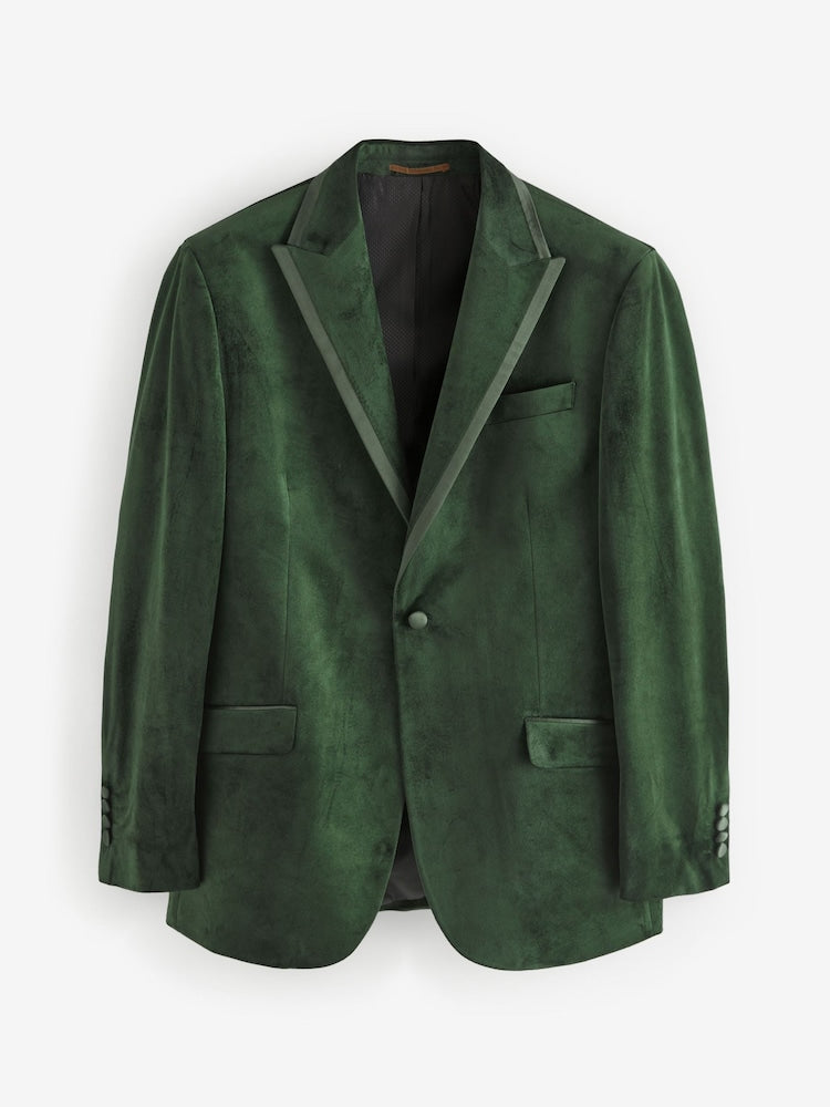 Khaki Green Regular Fit Self Lapel Velvet Blazer