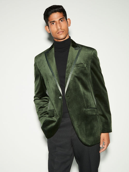 Khaki Green Regular Fit Self Lapel Velvet Blazer