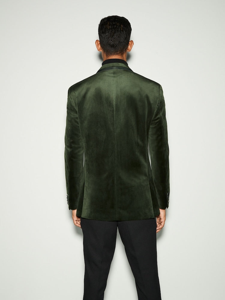 Khaki Green Regular Fit Self Lapel Velvet Blazer