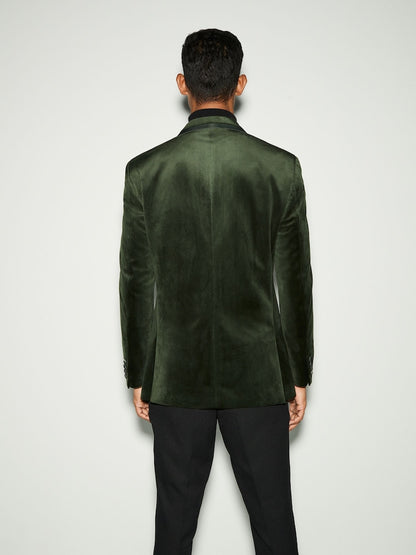 Khaki Green Regular Fit Self Lapel Velvet Blazer