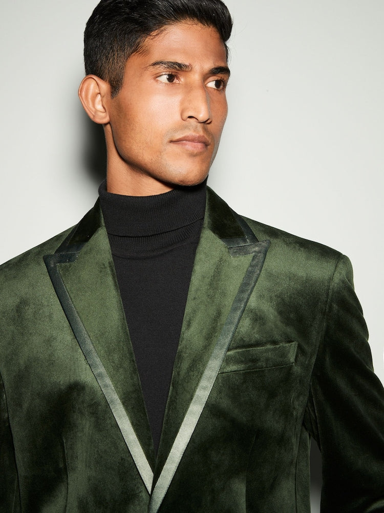 Khaki Green Regular Fit Self Lapel Velvet Blazer