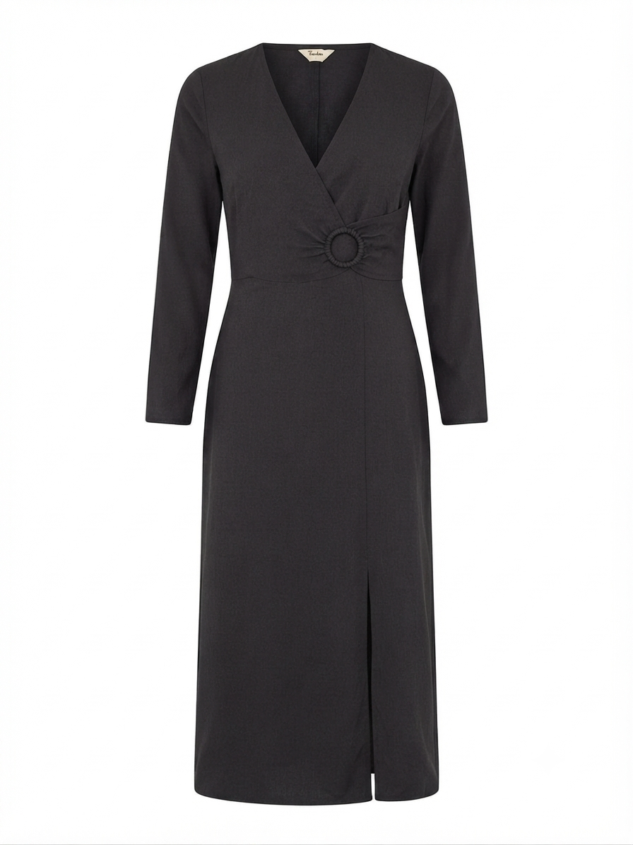 Black Crinkle Ring Wrap Dress