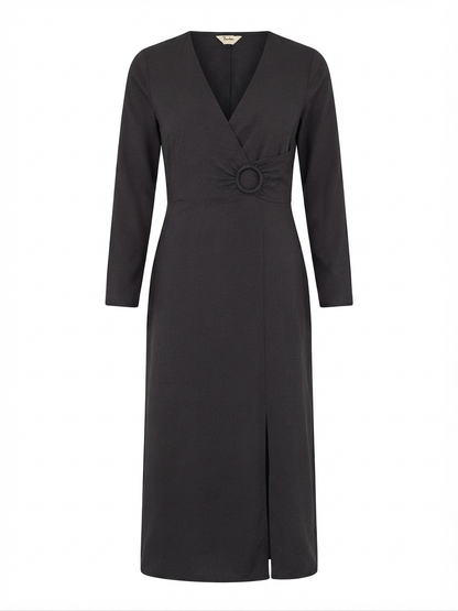 Black Crinkle Ring Wrap Dress