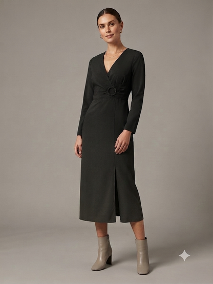Black Crinkle Ring Wrap Dress