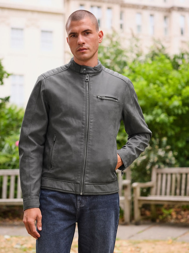 Grey Faux Leather Biker Jacket