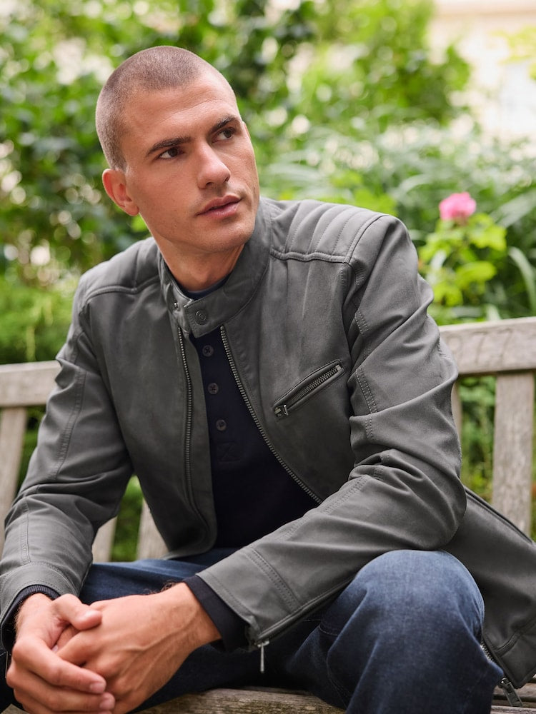 Grey Faux Leather Biker Jacket