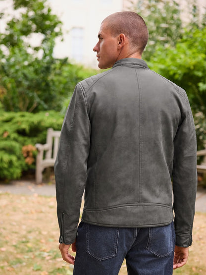 Grey Faux Leather Biker Jacket