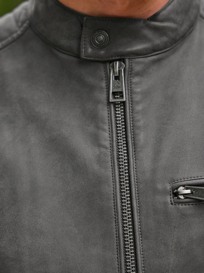 Grey Faux Leather Biker Jacket
