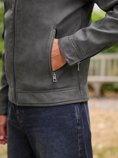 Grey Faux Leather Biker Jacket