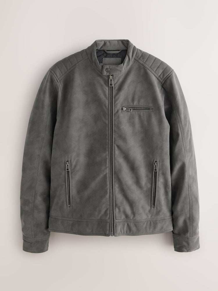 Grey Faux Leather Biker Jacket