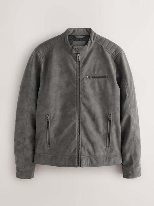 Grey Faux Leather Biker Jacket